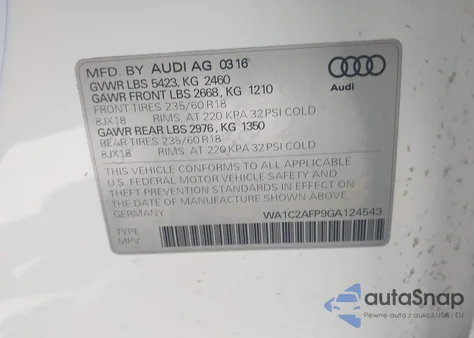 2016 Audi Q5 2.0T Premium z USA, uszkodzony, nr VIN WA1C2AFP9GA124543